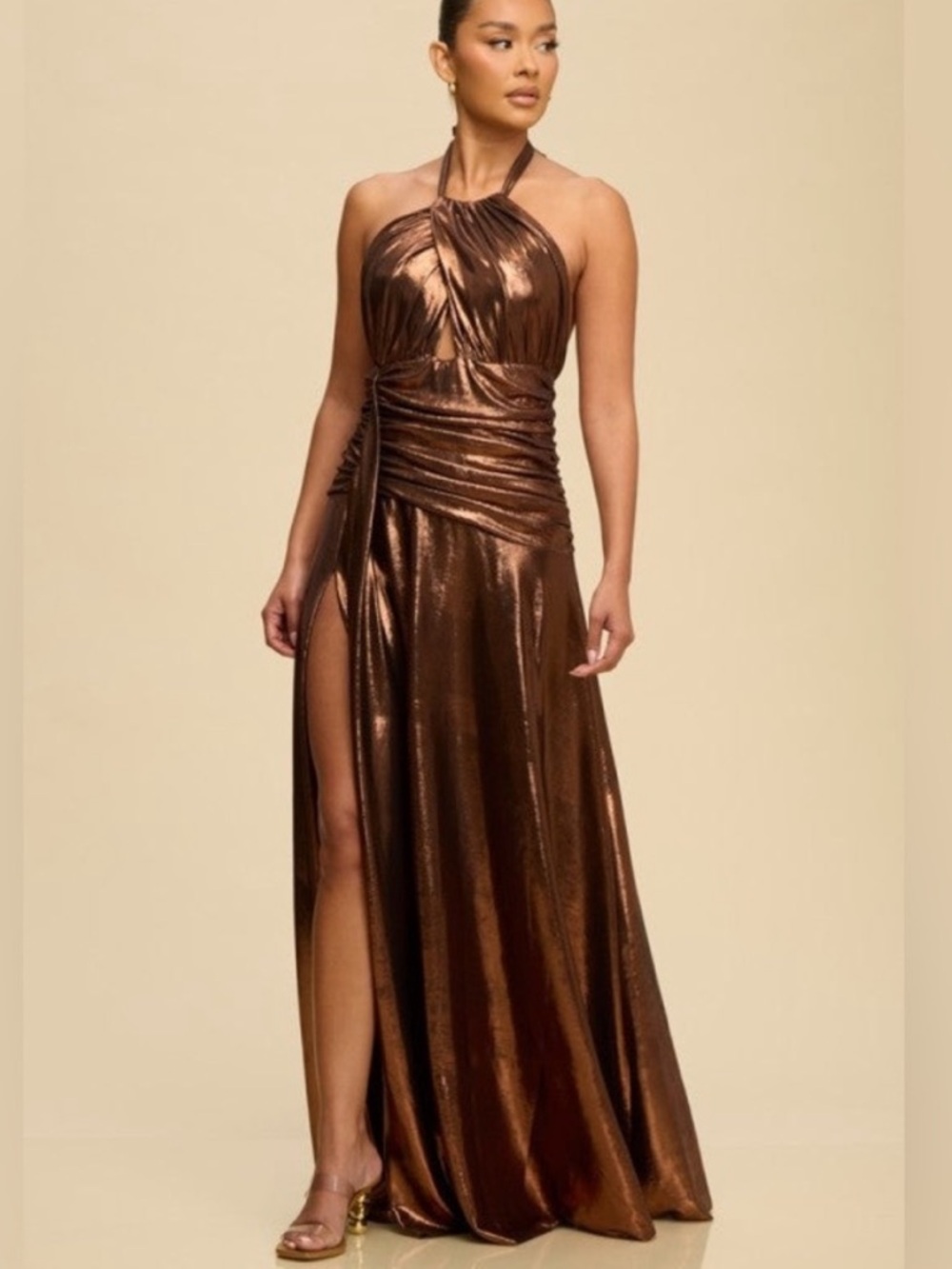 Metallic Brown Halter Evening Gown please read below